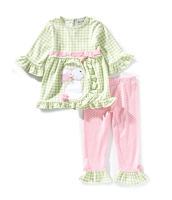 Rare Editions Little Girls Bell-Sleeve Gingham-Checked Easter Bunny Top & Dotted Leggings Set