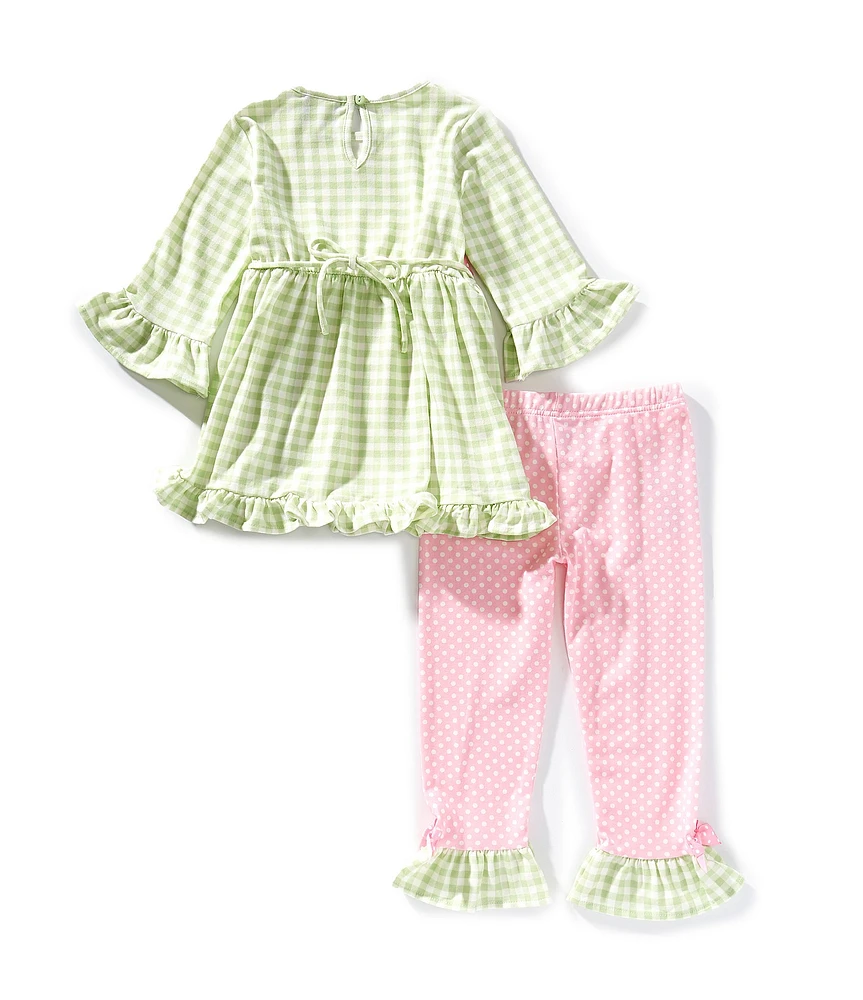 Rare Editions Little Girls Bell-Sleeve Gingham-Checked Easter Bunny Top & Dotted Leggings Set
