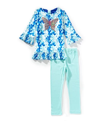 Rare Editions Little Girls Bell-Sleeve Tie-Dye Butterfly-Appliqued Tunic Top & Solid Leggings Set