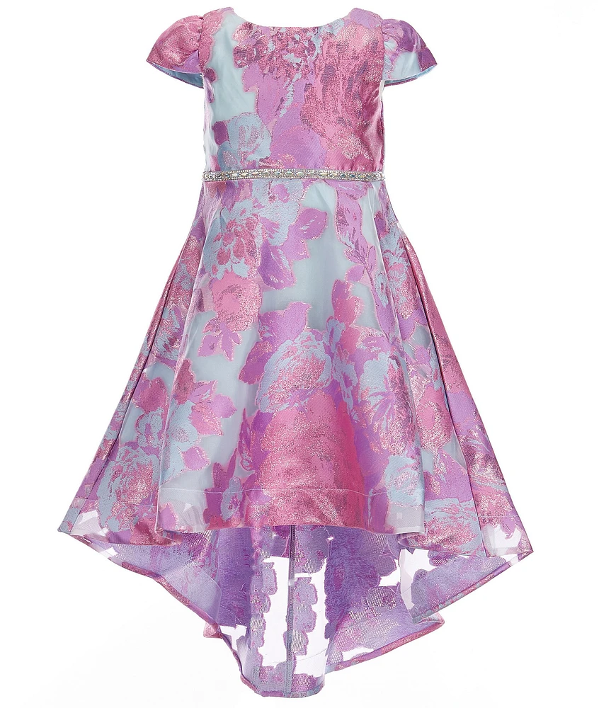Rare Editions Little Girls Cap-Sleeve Floral-Burnout-Organza Extreme-High-Low-Hem Ballgown