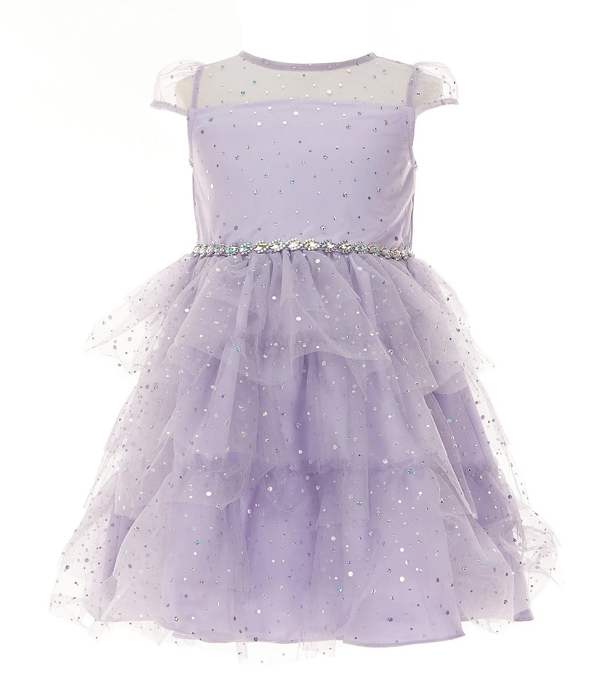 Rare Editions Little Girls Cap-Sleeve Sequin-Embellished Foiled-Dot Fit-And-Flare Dress