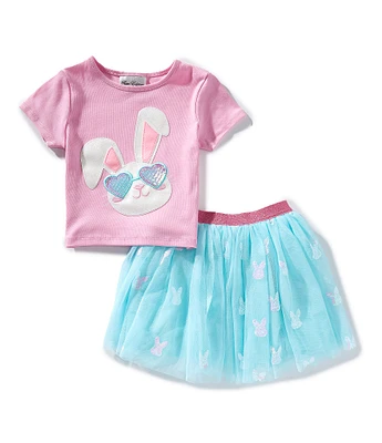 Rare Editions Little Girls Easter Bunny Motif Rib-Knit T-Shirt & Allover Sequined Bunny-Appliqued Mesh Tutu Skirt Set