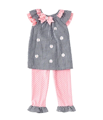 Rare Editions Little Girls Flutter-Sleeve Checked/Daisy Schiffli-Embroidered Seersucker Tunic Top & Dotted Leggings Set