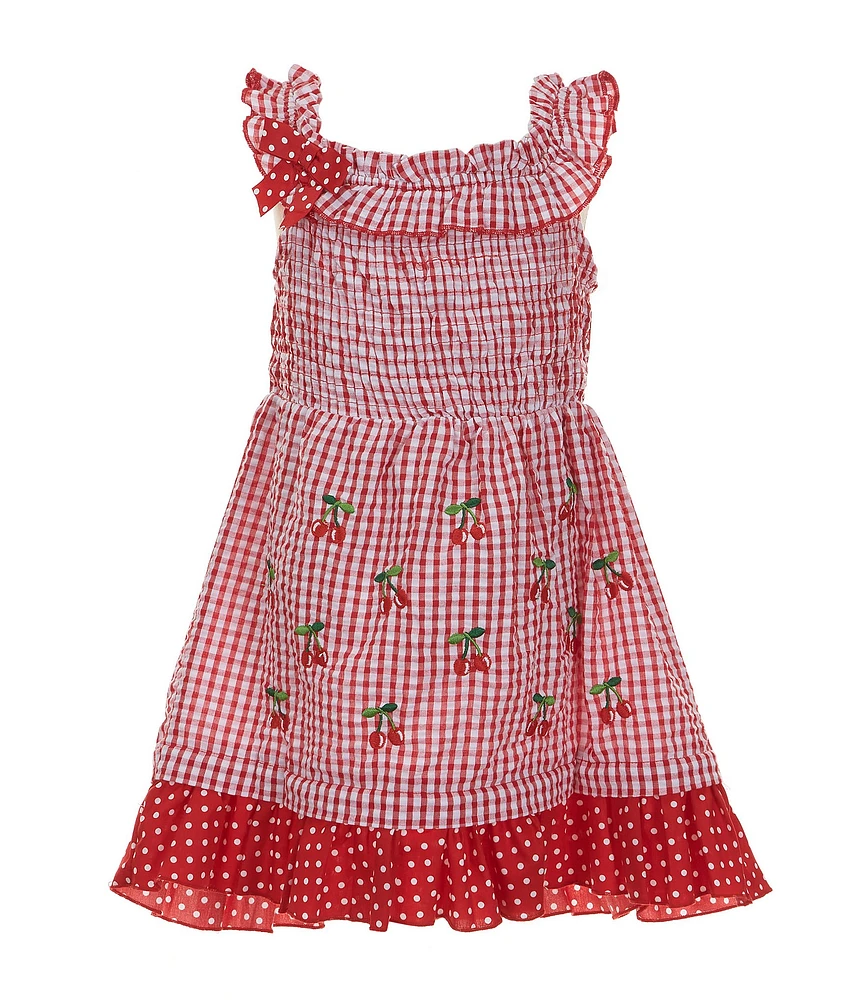 Rare Editions Little Girls Flutter-Sleeve /Cherry-Schiffli-Embroidered Skirted Gingham Seersucker Fit-And-Flare Dress