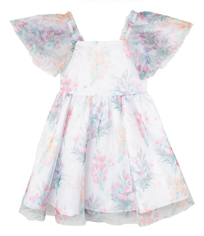 Rare Editions Little Girls Flutter-Sleeve Floral-Printed Mesh Fit-And-Flare Dress