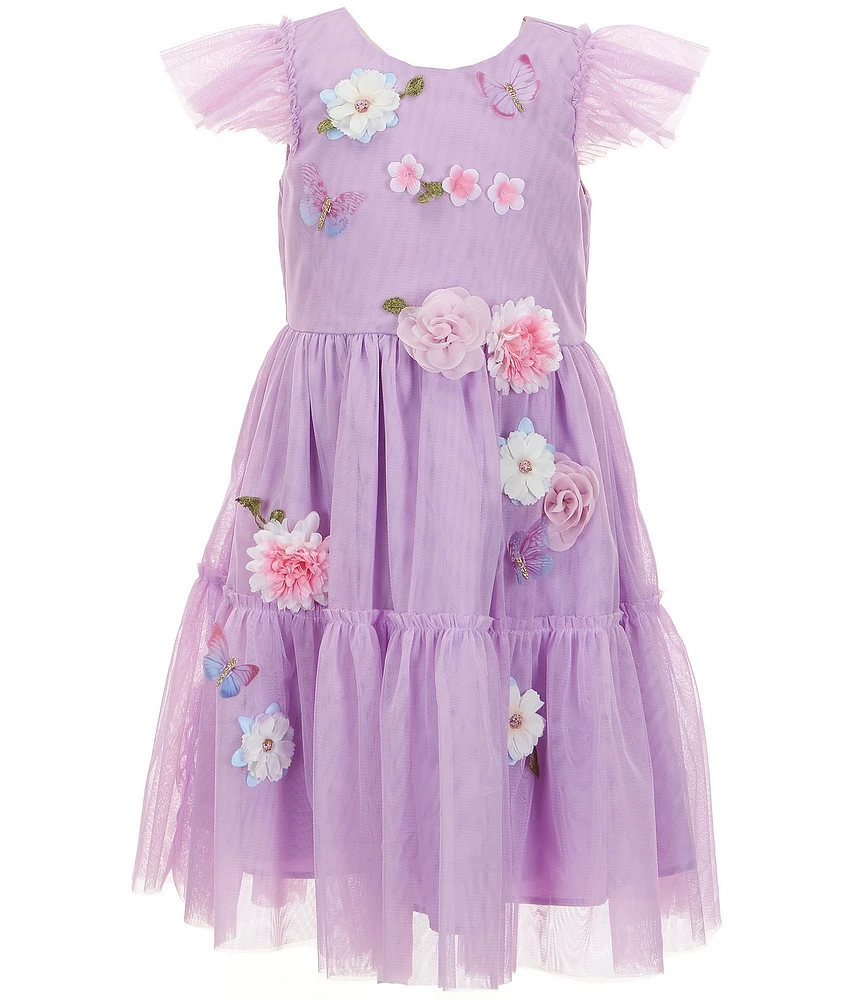 Rare Editions Little Girls Flutter-Sleeve 3D Floral/Butterfly-Appliqued Fit-And-Flare Dress