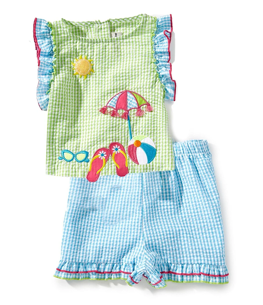 Rare Editions Little Girls Flutter-Sleeve Gingham/Beach-Appliqued Seersucker Top & Coordinating Shorts Set