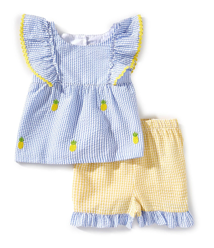 Rare Editions Little Girls Flutter-Sleeve Gingham/Pineapple Schiffli Embroidered Seersucker Top & Coordinating Shorts Set