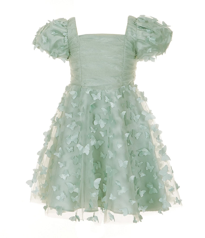 Rare Editions Little Girls Flutter-Sleeve Ruched-Bodice Butterfly-Appliqued Fit-And-Flare Dress