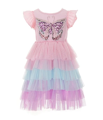 Rare Editions Little Girls Sequin Butterfly Solid/Rainbow-Mesh Tutu Dress