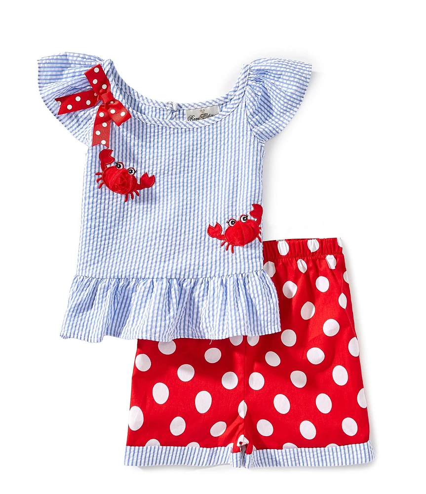 Rare Editions Little Girls Flutter-Sleeve Striped Crab-Appliqued Seersucker Top & Large-Dot Shorts Set