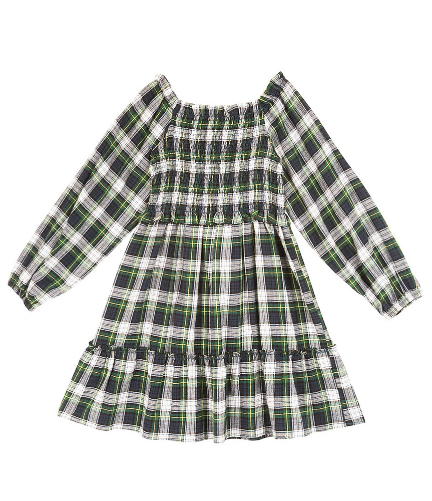 Rare Editions Little Girls Long Sleeve Twill Yarn Dye Plaid Smoked Bodice Dress
