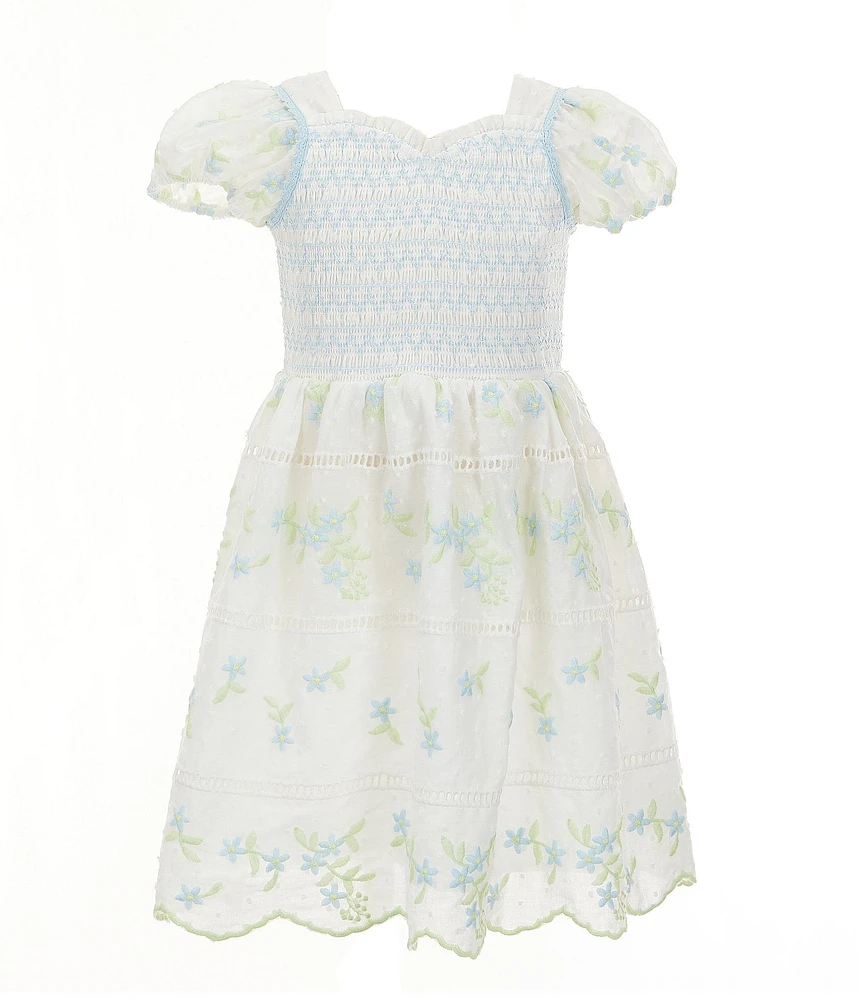 Rare Editions Little Girls Puffed-Sleeve Embroidered Clip-Dot Fit-And-Flare Dress