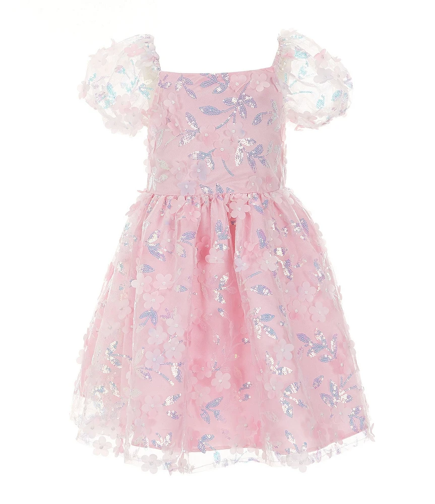 Rare Editions Little Girls Puffed Sleeve Sequin-Embellished Floral-Soutache Fit & Flare Dress