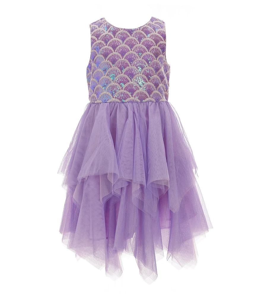 Rare Editions Little Girls Sequin-Embellished Soutache-Embroidered Bodice/Mesh Handkerchief-Hem Dress
