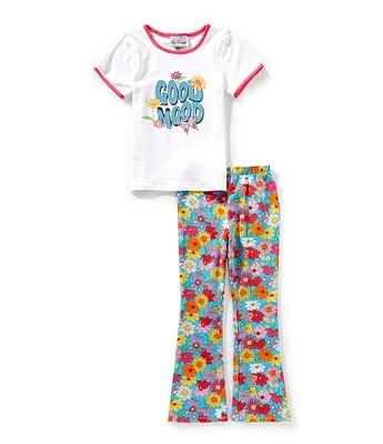 Rare Editions Little Girls Short Sleeve Good Mood T-Shirt & Flower-Printed Flared-Hem Legging Set