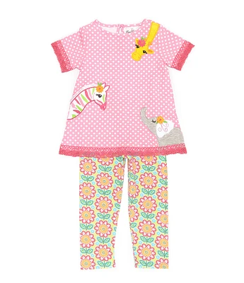 Rare Editions Little Girls Short Sleeve Pindotted/Animal-Appliqued Tunic Top & Printed Leggings Set