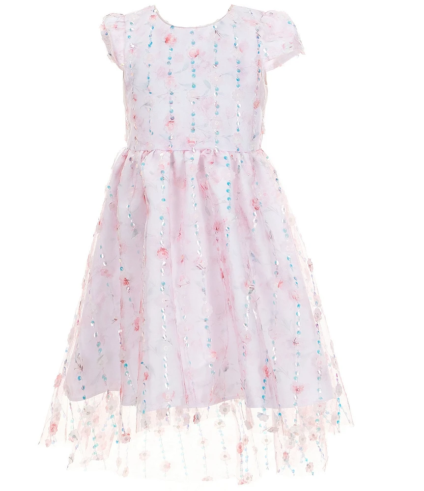 Rare Editions Little Girls Short-Sleeve Sequin-Embellished Floral-Soutache Fit-And-Flare Dress