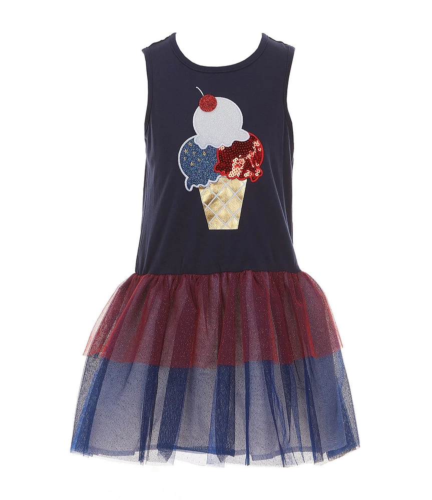 Rare Editions Little Girls Sleeveless Americana Ice Cream Appliqued Bodice/Mesh Tutu Skirted Dress