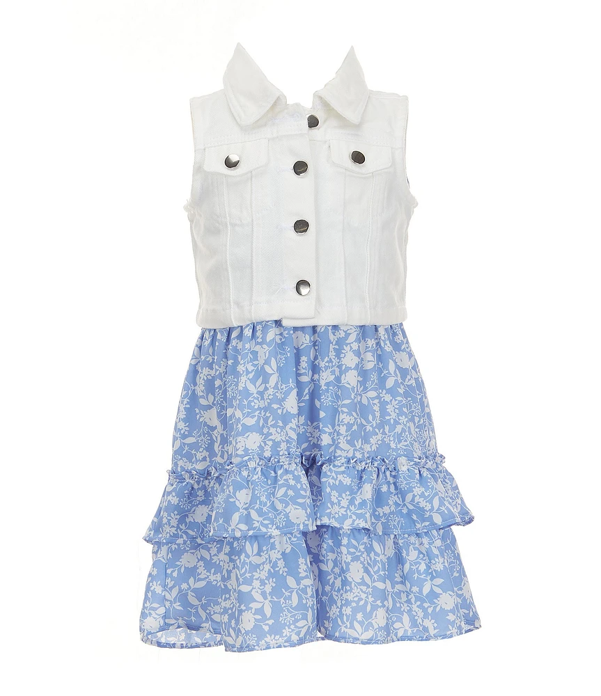 Rare Editions Little Girls Sleeveless Denim Vest & Printed Wool-Like Dobby Fit-And-Flare Dress