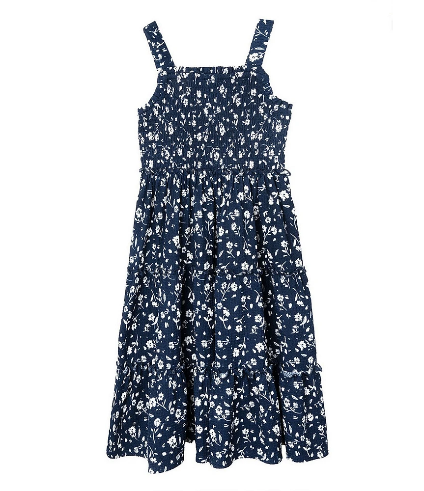 Rare Editions Little Girls Sleeveless Ditsy-Floral-Printed Textured-Knit Long Dress