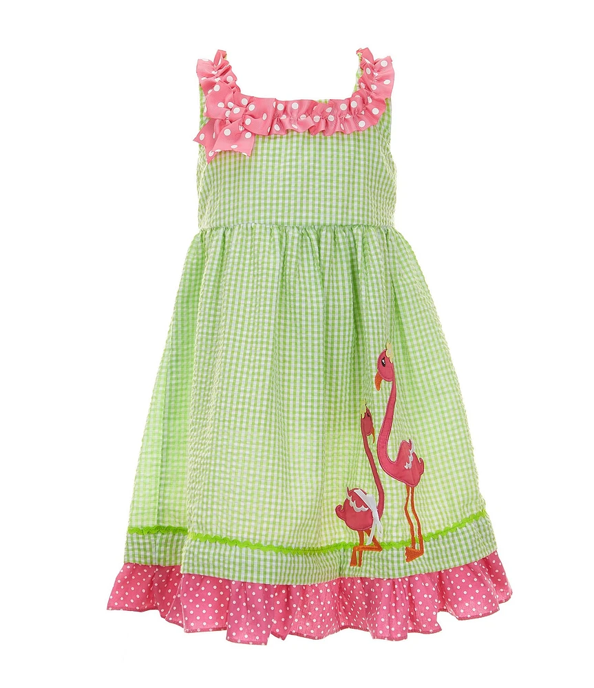 Rare Editions Little Girls Sleeveless Flamingo-Appliqued Checked/Dotted Fit-And-Flare Dress