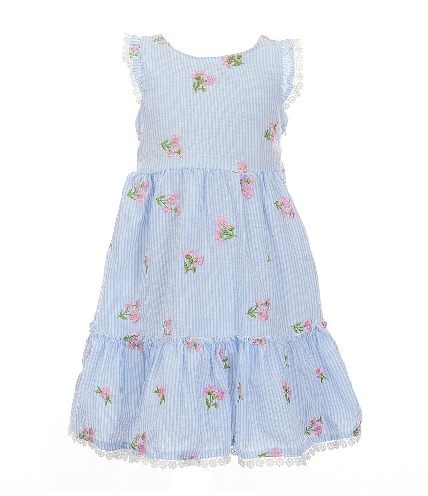 Rare Editions Little Girls Sleeveless Floral-Embroidered Striped Seersucker Fit & Flare Dress