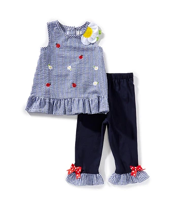Rare Editions Little Girls Sleeveless Ladybug-Appliqued Checked Seersucker Tunic & Solid Ruffle-Hem Leggings Set