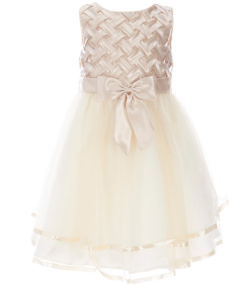 Rare Editions Little Girls Sleeveless Satin Ribbon Basket Weave Bow Detail Tiered Mesh Dress