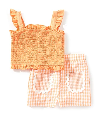 Rare Editions Little Girls Smocked Sleeveless Top & Gingham Printed Shorts Set