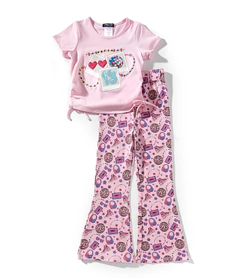 Rare Editions Little Girls Solid Flutter-Sleeve Graphic T-Shirt & Printed Flare-Leg Leggings Set