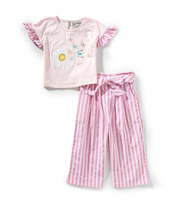 Rare Editions Little Girls Striped Flutter-Sleeve Daisy-Applique Top & Striped Pants Set