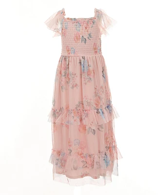 Rare Editions Little Girls Flutter-Sleeve Floral-Printed Mesh Long Dress