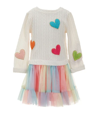 Rare Editions Little Girls Long Sleeve Heart-Motif Sweater-Knit Bodice/Rainbow-Tulle-Skirted Tutu Dress