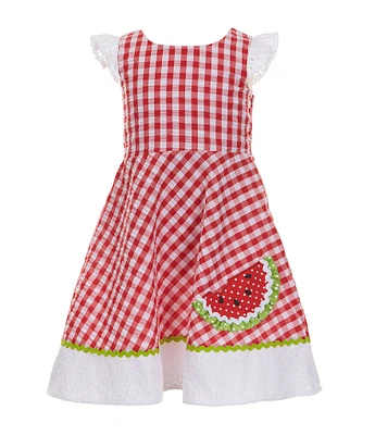 Rare Editions Little Girls Seersucker-Gingham Watermelon-Appliqued A-Line Dress