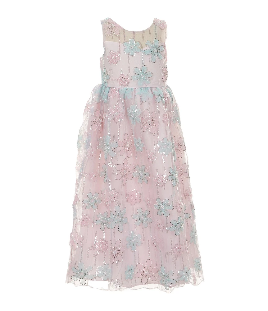 Rare Editions Little Girls Sleeveless Beaded Sequin Floral Mesh Long Dress