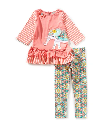 Rare Editions Little Girls Solid/Striped Wraparound-Elephant-Applique Tunic Top & Floral-Printed Leggings Set