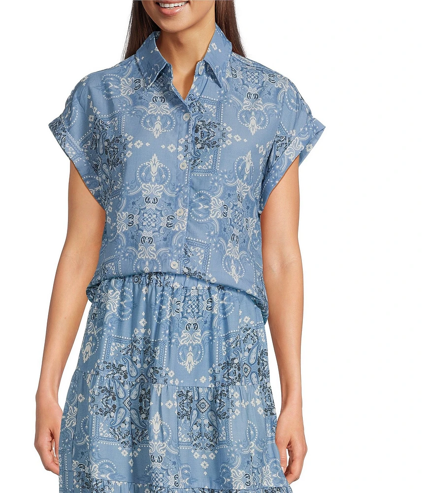 Reba Austin Bandana Print Coordinating Point Collar Short Sleeve Button Front Top