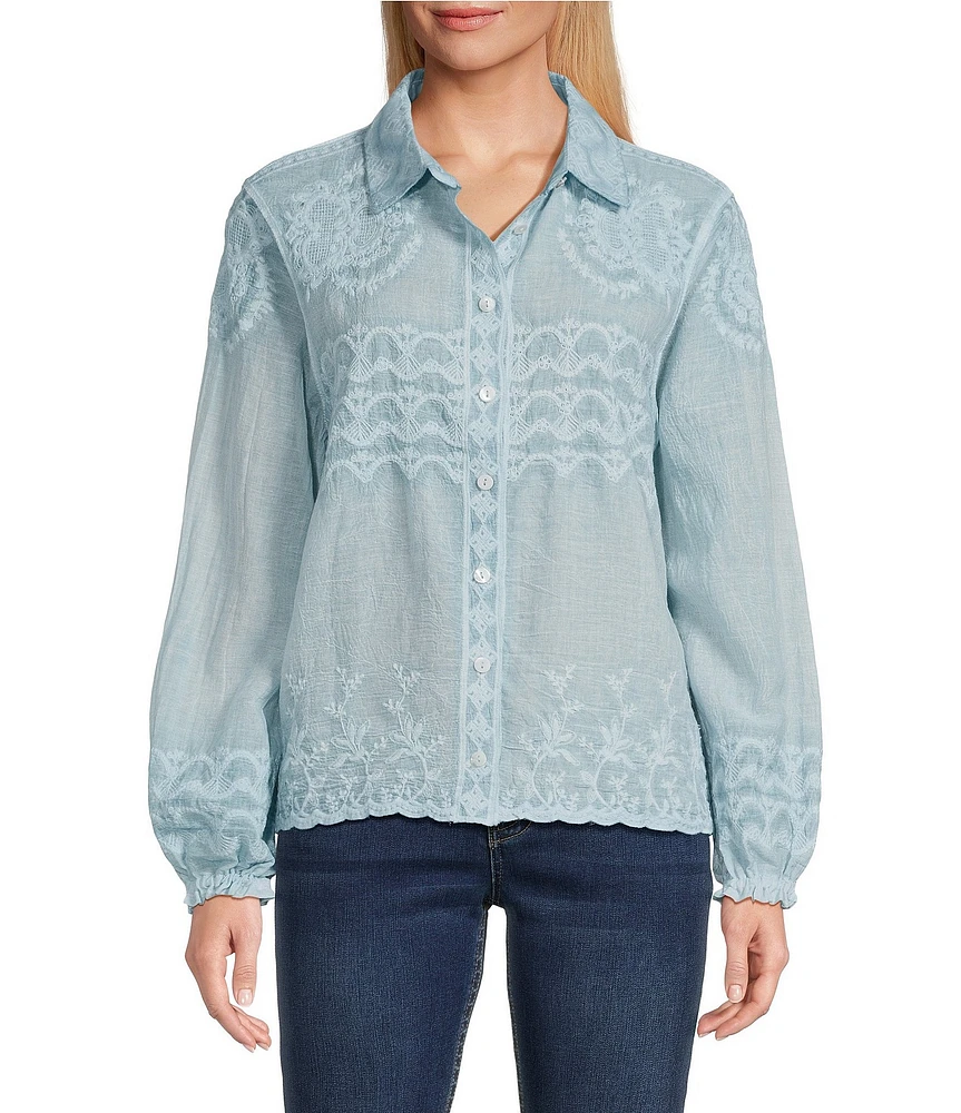 Reba Fancy Woven Point Collar Long Blouson Sleeve Scalloped Lace Button Front Top