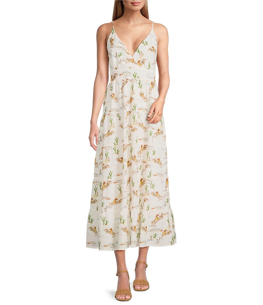 Reba Louise Cowboy Western V-Neck Sleeveless Tiered Midi A-Line Dress