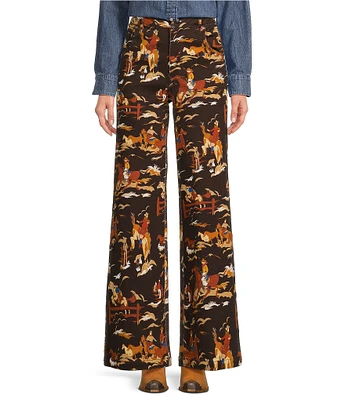 Reba Rodeo Cowboy Print Denim Twill High Rise Wide Leg Denim Jeans