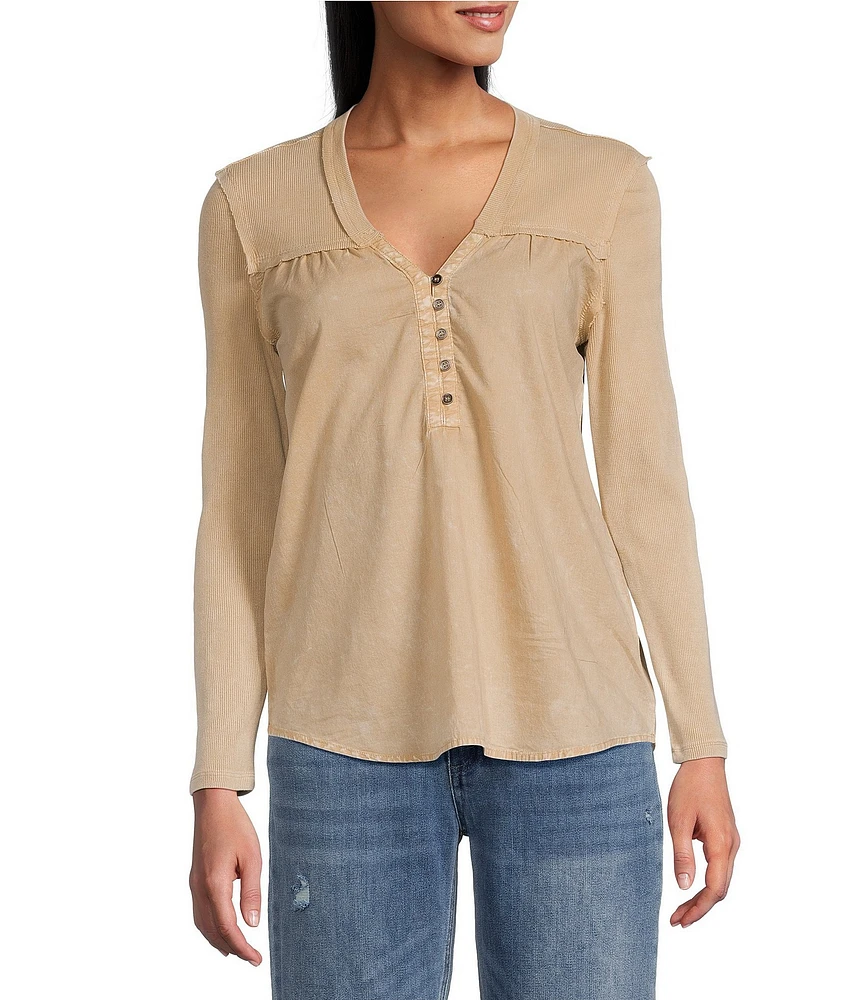 Reba Woven Voile Knit Rib Henley V-Neck Long Sleeve Trapeze Top