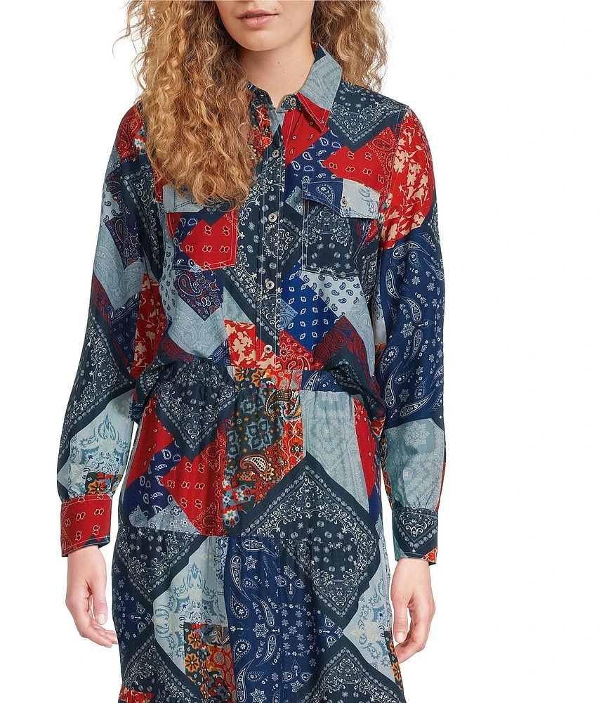 Reba Wyatt Patchwork Coordinating Point Collar Long Sleeve Button Front Shirt
