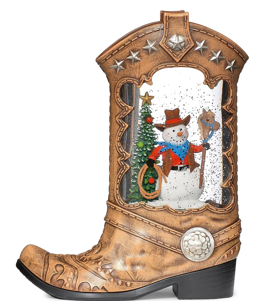 Roman 10.2#double;H Cowboy Boot Lighted Lantern With A Western Snowman In Swirling Glitter Tabletop Decor