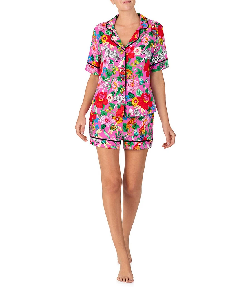 Room Service Aspen Short Sleeve Notch Collar Cozy Jersey Critter Floral Print Shorty Pajama Set