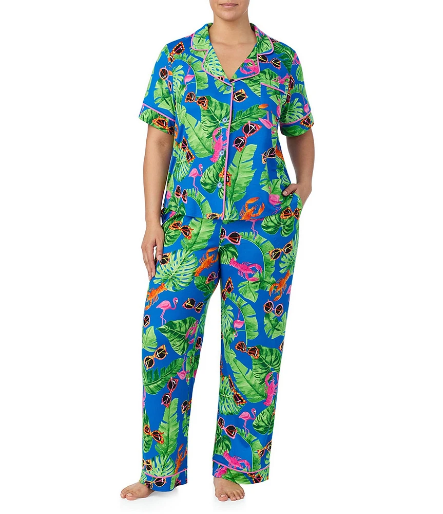 Room Service Plus Size Lobster Tropical Short Sleeve Notch Collar Knit Pajama Set