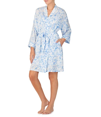 Room Service Satin 3/4 Sleeve Shawl Collar Bow Floral Print Coordinating Robe