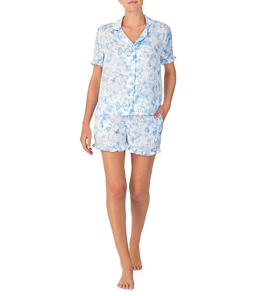 Room Service Short Sleeve Notch Collar Satin Butterflies & Bows Print Shorty Bridal Pajama Set