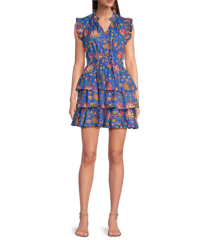 Ro's Garden Bimba Woven Floral Print Split Tie Neck Flutter Sleeve Tiered Mini Dress
