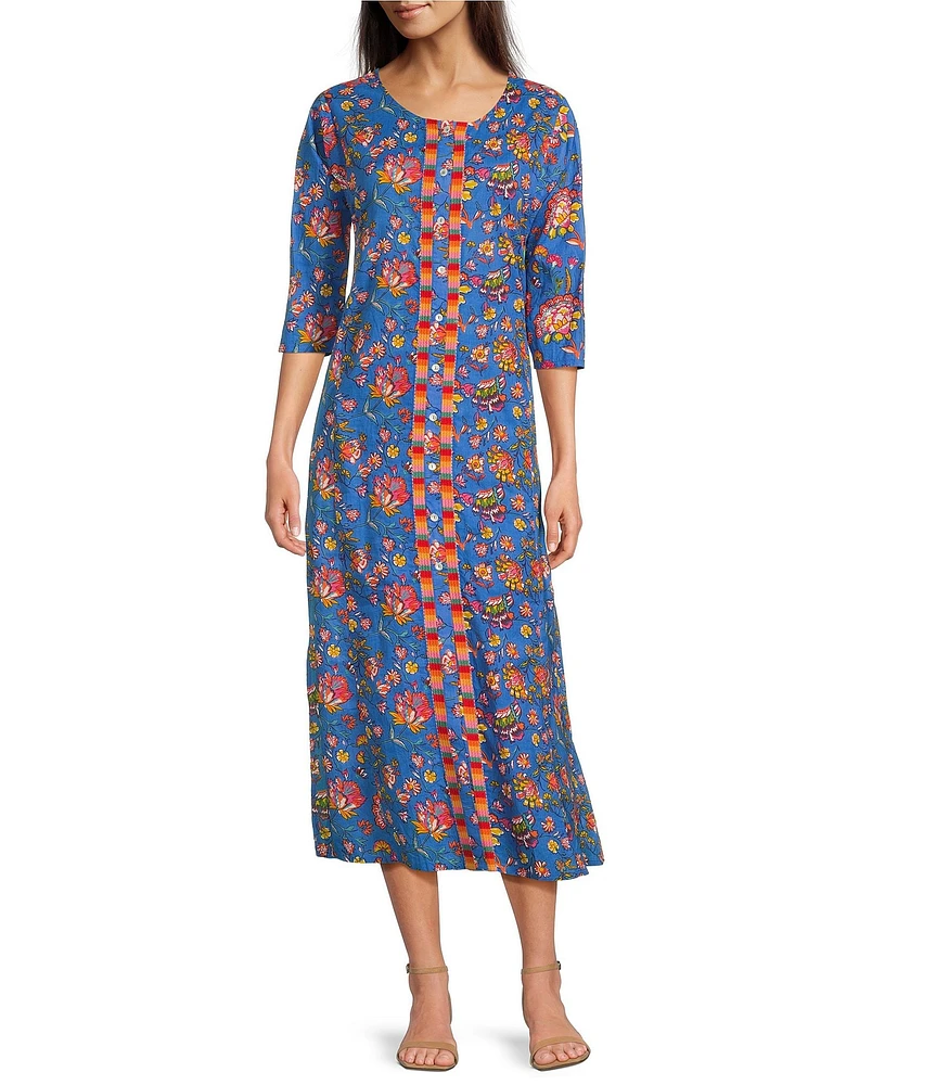 Ro's Garden Blair Woven Floral Print Scoop Neck Bracelet Sleeve Button Front Midi Dress